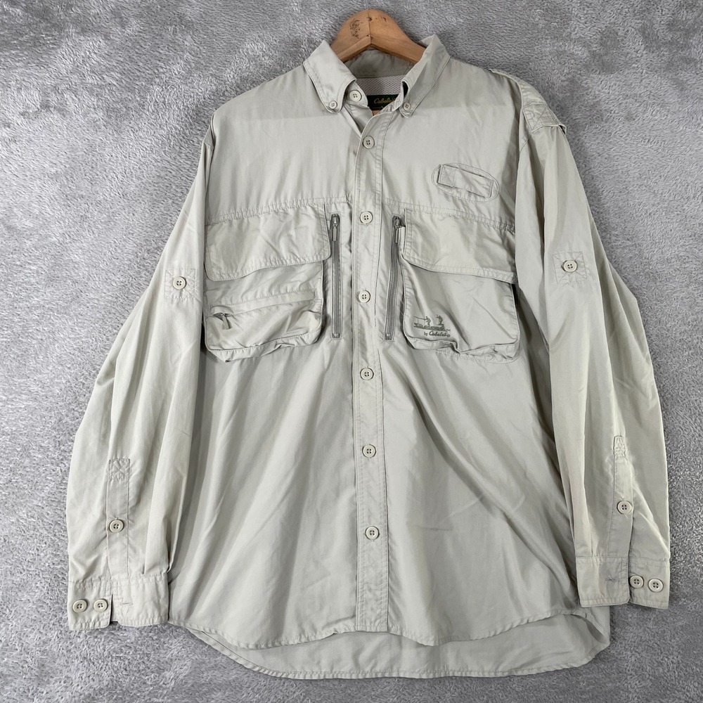 Cabelas Guidewear Fishing Shirt Mens Medium Tan Nylon Vented Utility Hiking